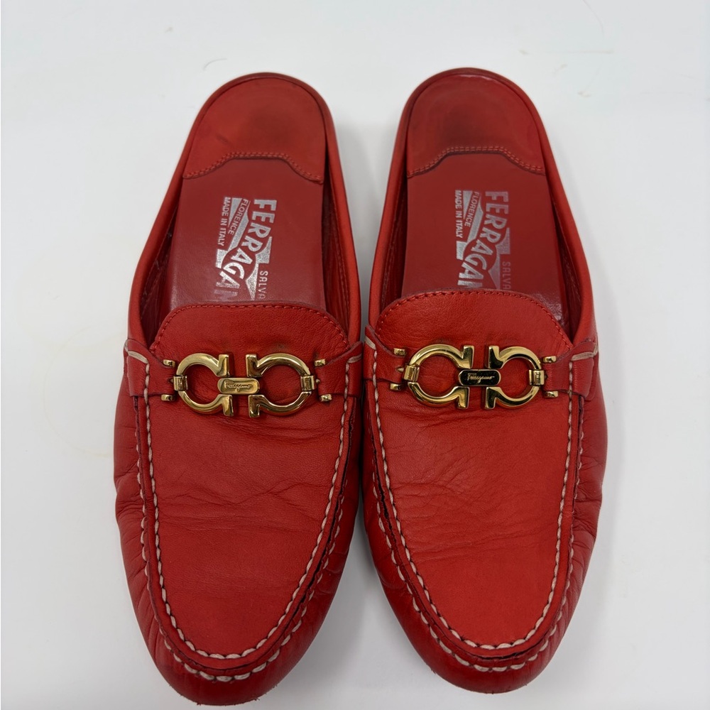 Salvatore Ferragamo Red/Orange Leather Slip-On Loafers with Gold Accent